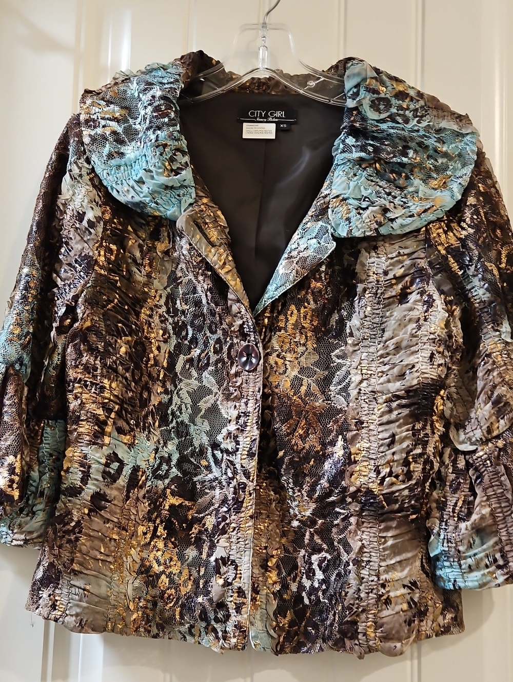City Girl Metallic Animal-Print Jacket in Teal and Gold